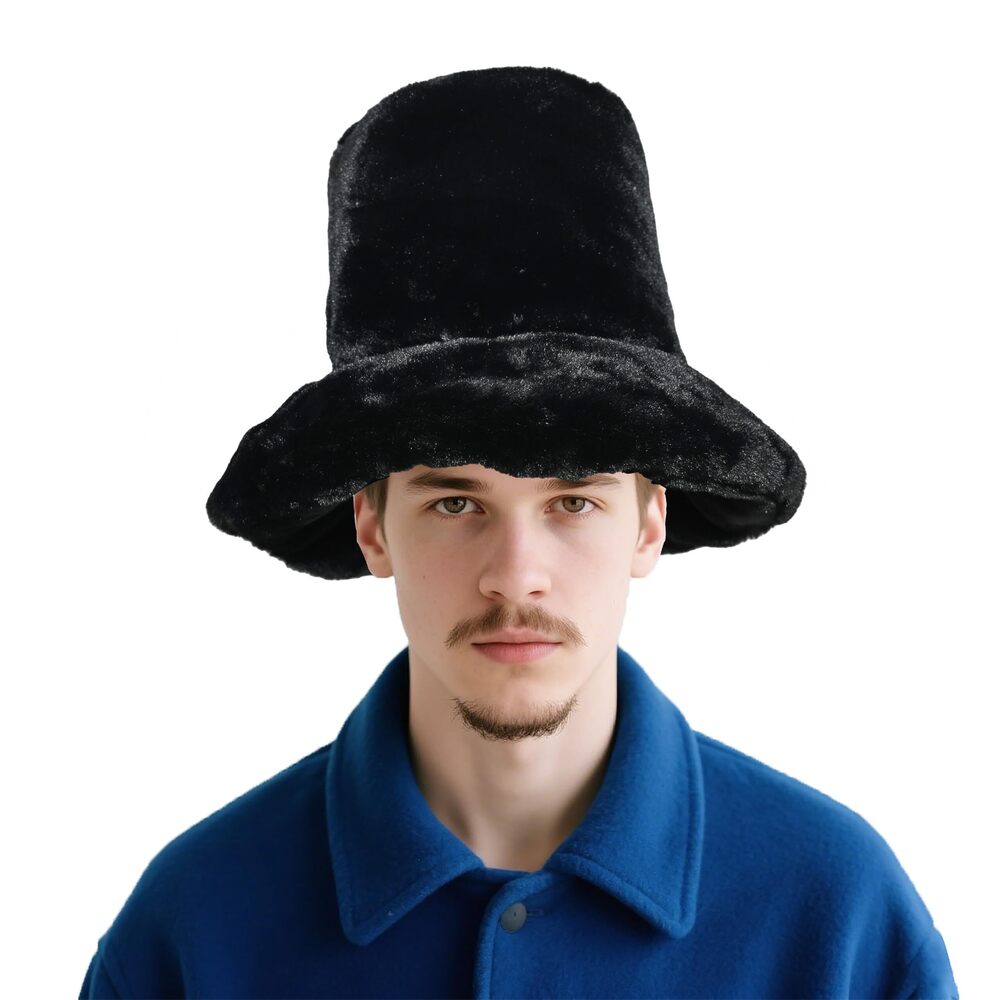 1327 7 Inch Tall Black Fur Top Hat Fluffy Stovepipe Hat- Fur Bucket Hats Jk